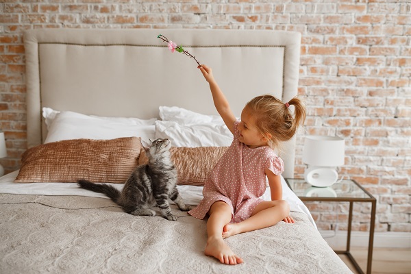 Little Girl Playing With Cat On Bed